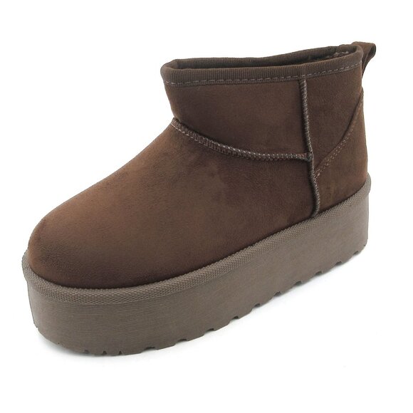 Women BROWN Winter Slip On Warm Fur Suede Snow Ankle Boots Slipper 2 Inch Sole - Picture 3 of 5